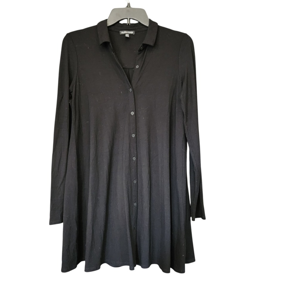 Eileen Fisher Womens XS Black Viscose Jersey Long Sleeve Button Down Tunic Top